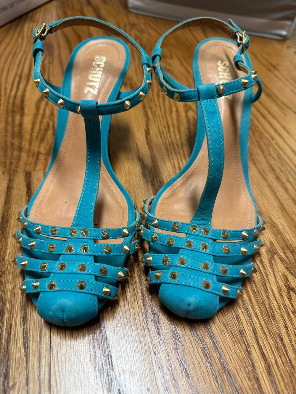 SCHUTZ Turquoise Studded T-Strap Heels